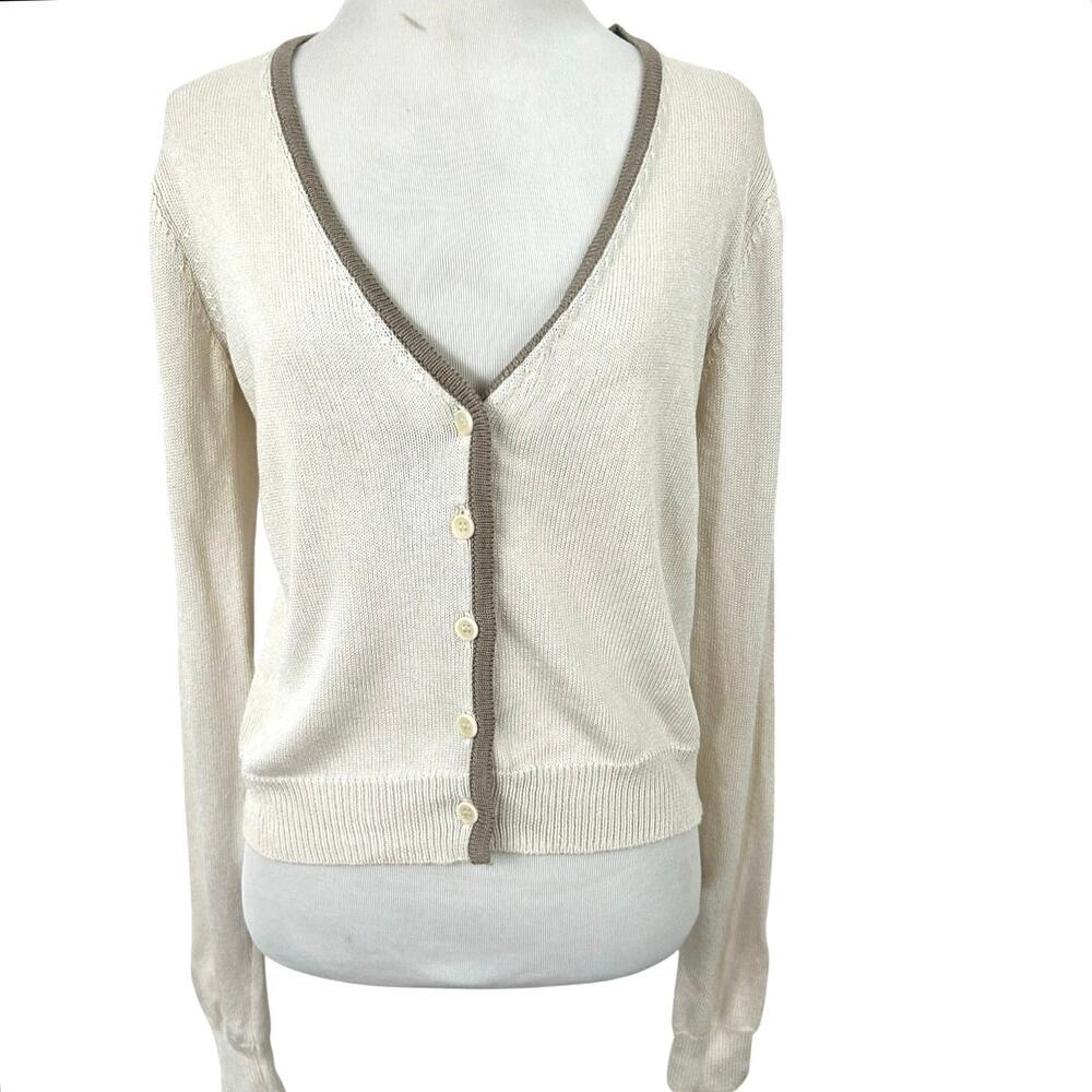 Djerf Avenue Contrast V Neck Cardigan XXS XS Cream Beige Cotton Button Italy